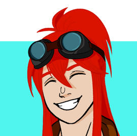 A headshot drawing of a pale nonbinary person, with long red hair, bangs, and a short ponytail. They are also wearing goggles up on their head. Their eyes are closed, and they are smiling.